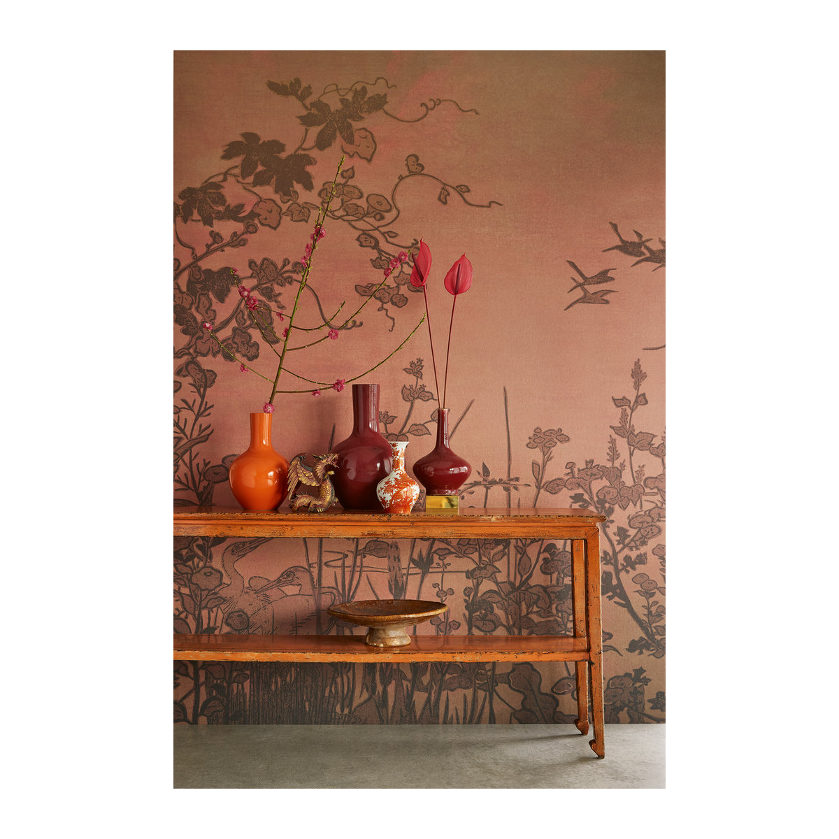 Eijffinger Mural Cranes at Dawn Wandtapete mit Kranich-Motiv in Rot und Orange im orientalischen Design - Bild 2