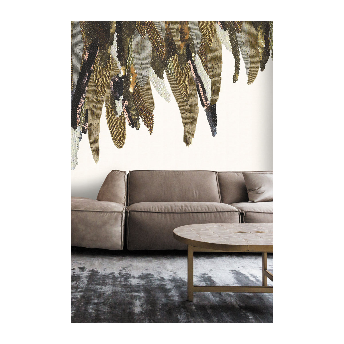 Eijffinger Mural Fancy Feather Wandtapete in Weiß mit Gold und Silber, abstraktes Feder-Design aus Vlies, Hochformat - Bild 2