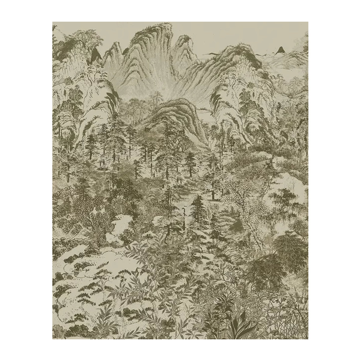 Eijffinger Mural Misty Mountain Wandtapete in Grün und Beige mit abstrakter Landschaft im Querformat - Bild 1