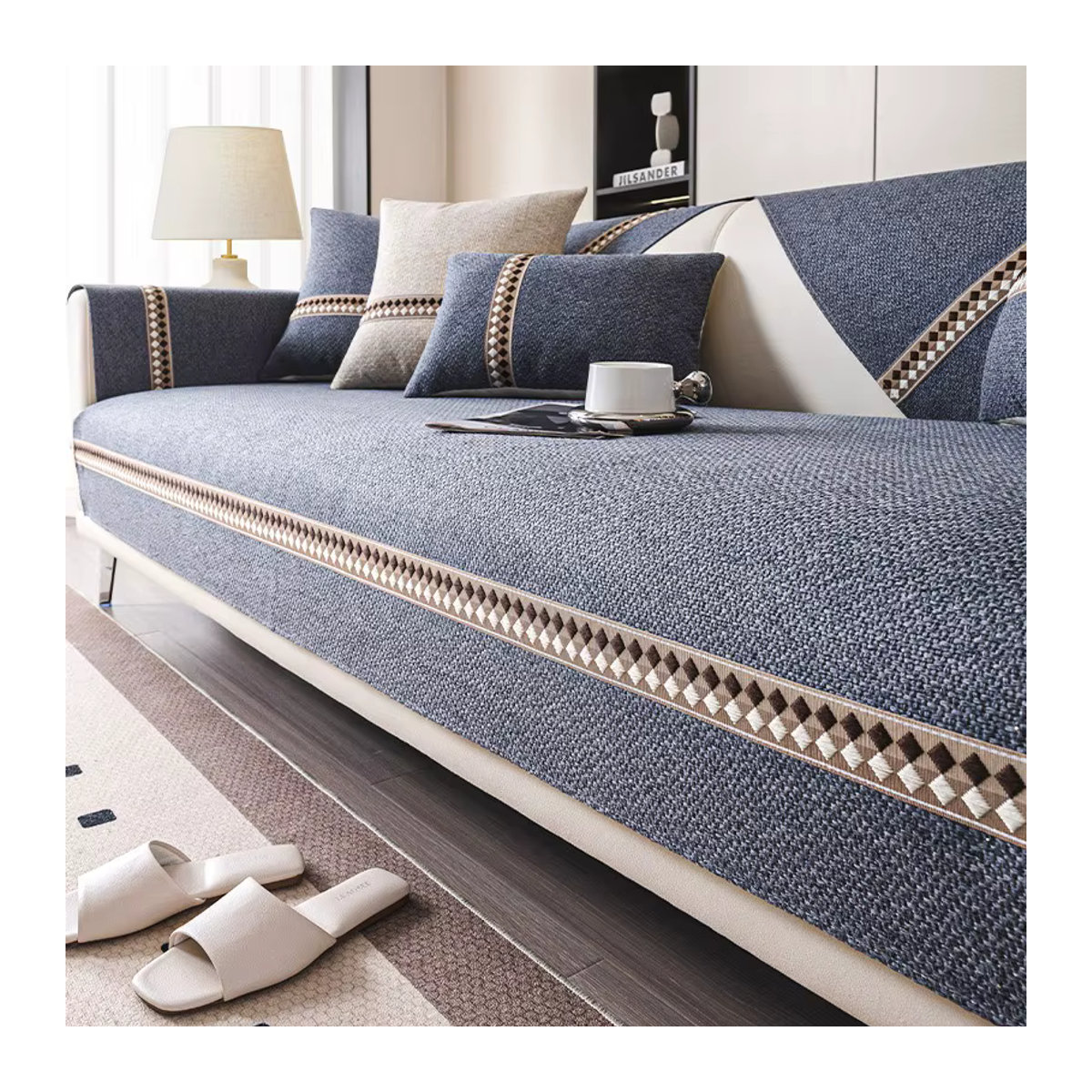 Einfarbige Sofa Abdeckung aus Baumwolle und Leinen in Blau, rutschfest und staubdicht für dein Wohnzimmer - Bild 1