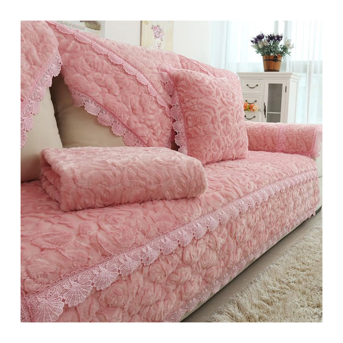 Einfarbiger Plüsch-Sofaüberzug mit rutschfester Oberfläche und dicker Polsterung für dein Sofa - Bild 1