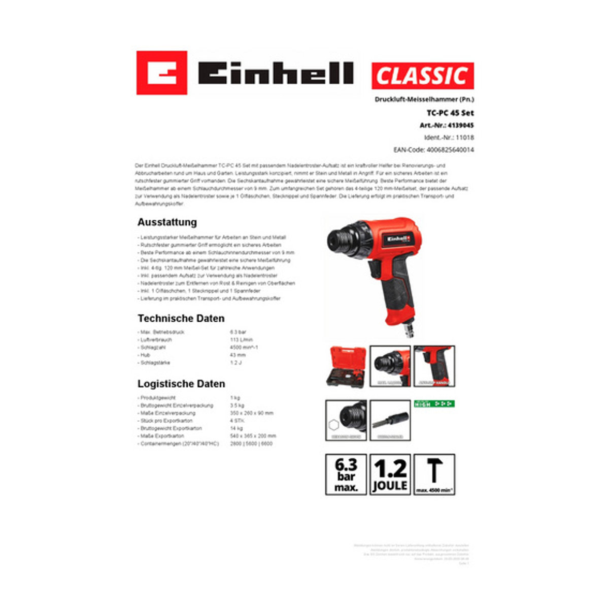 Einhell Druckluft-Meißelhammer Set TC-PC 45 in Rot-Schwarz - Bild 5