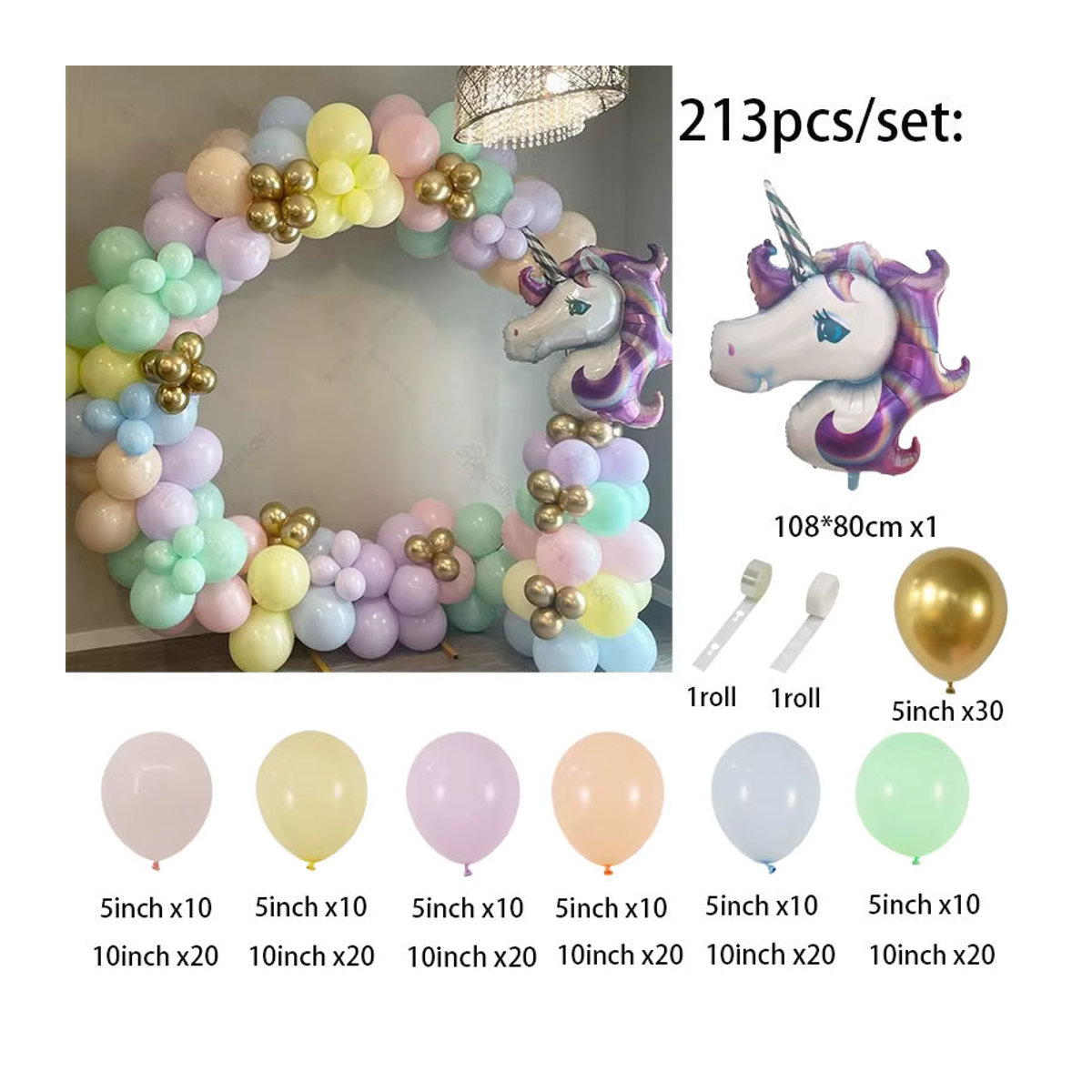 Einhorn Ballon Girlande Set mit Regenbogen Folienballons und Latexballons für Geburtstag, Hochzeit oder Baby Shower, mehrfarbig - Bild 2