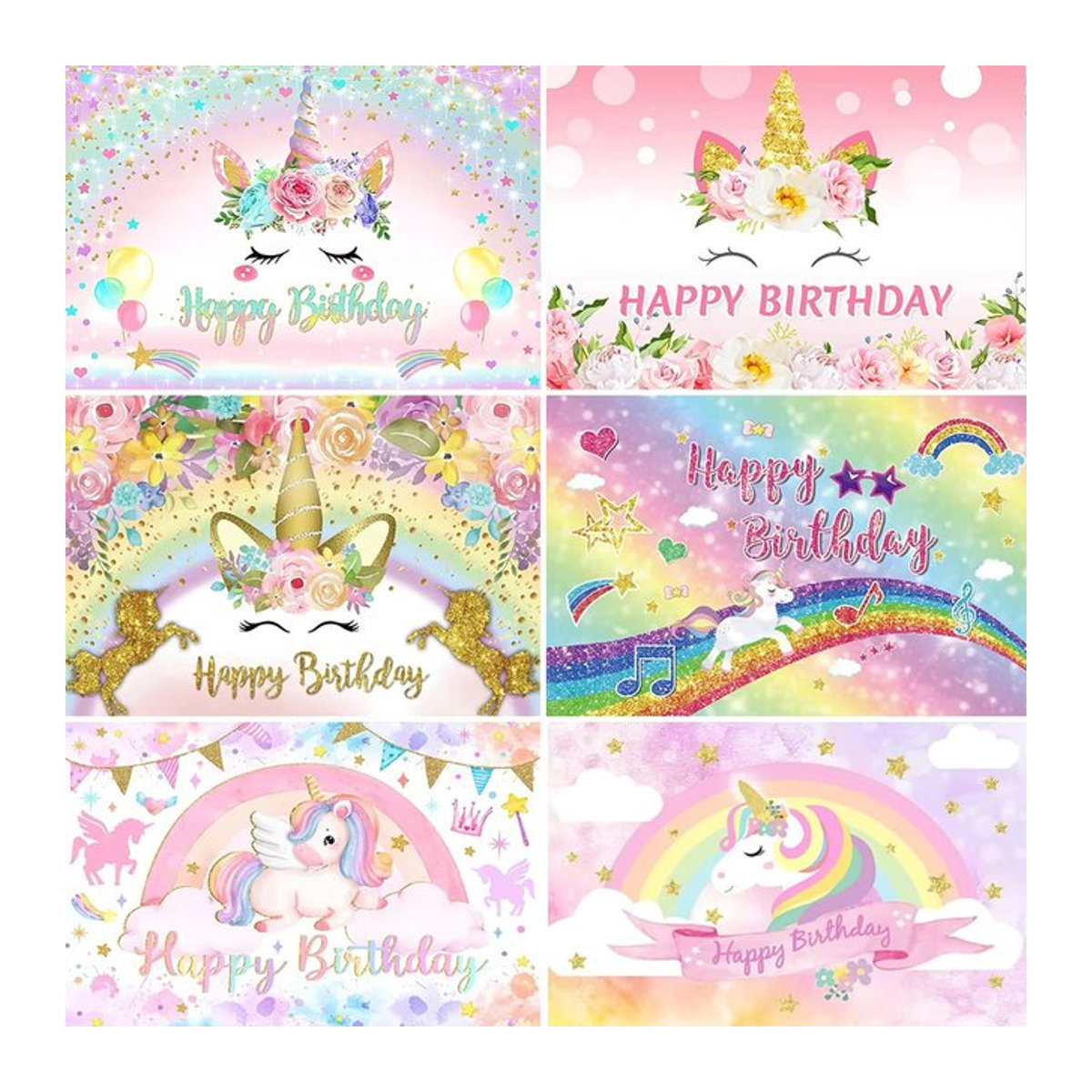 Einhorn-Geburtstagshintergrund mit Regenbogen und Blumen in Rosa und Mehrfarbig, Fotobanner aus Vinyl für Kinderpartys, B: 120 cm, H: 90 cm - Bild 1