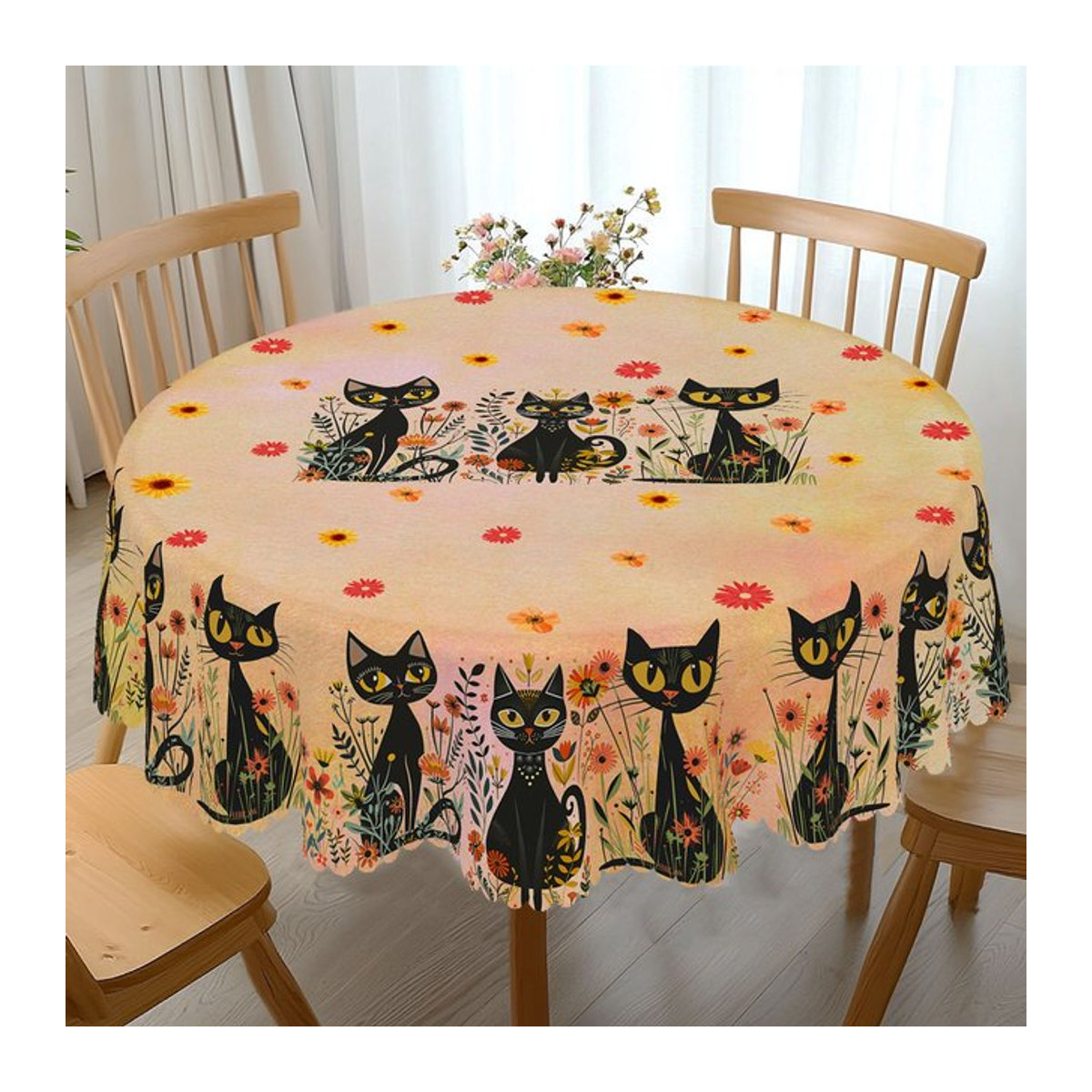 Einteilige Tischdecke aus Polyester mit schwarzem Katzenmuster und 4 passenden Dekorationen in Schwarz und Beige - Bild 1