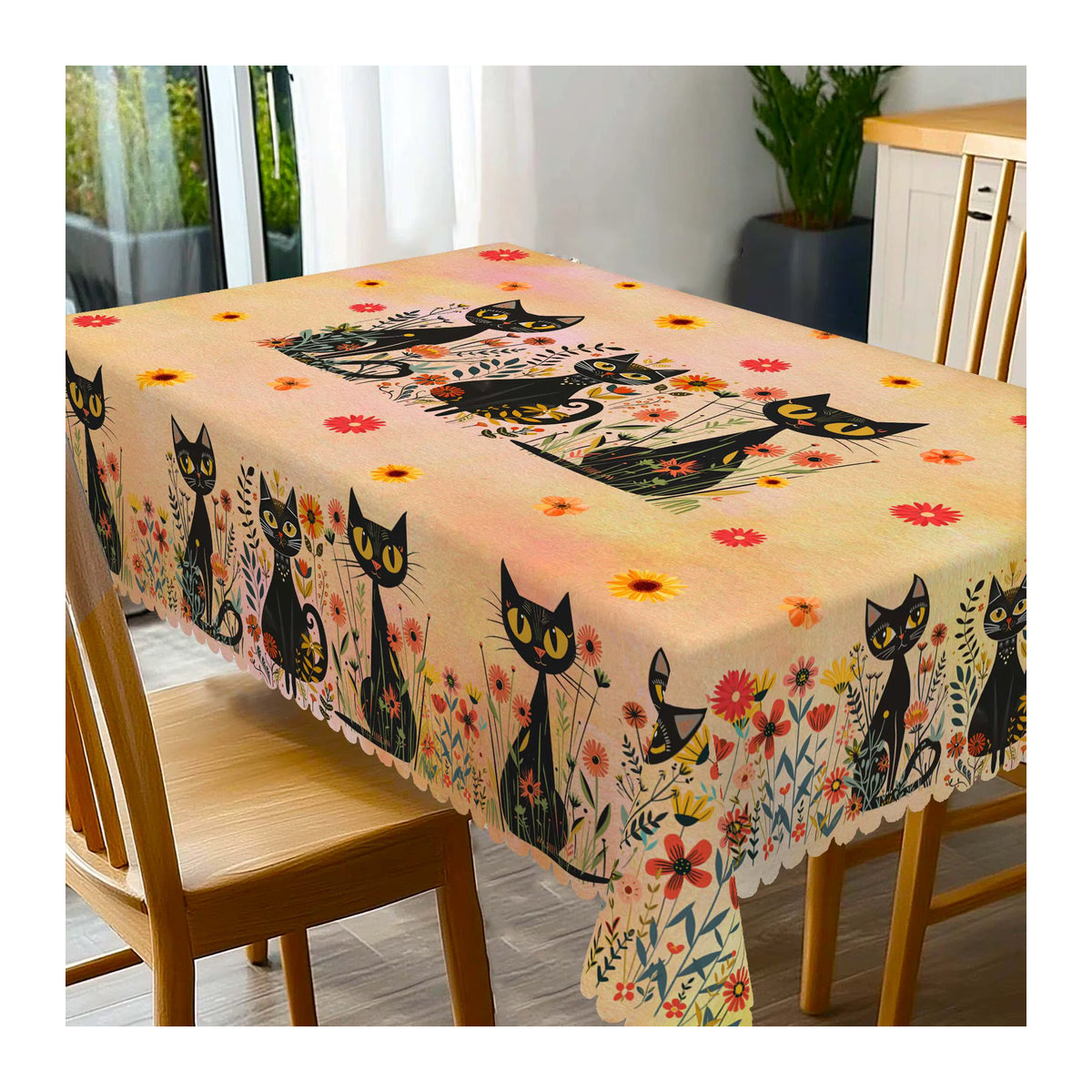 Einteilige Tischdecke aus Polyester mit schwarzem Katzenmuster und 4 passenden Dekorationen in Schwarz und Beige - Bild 2