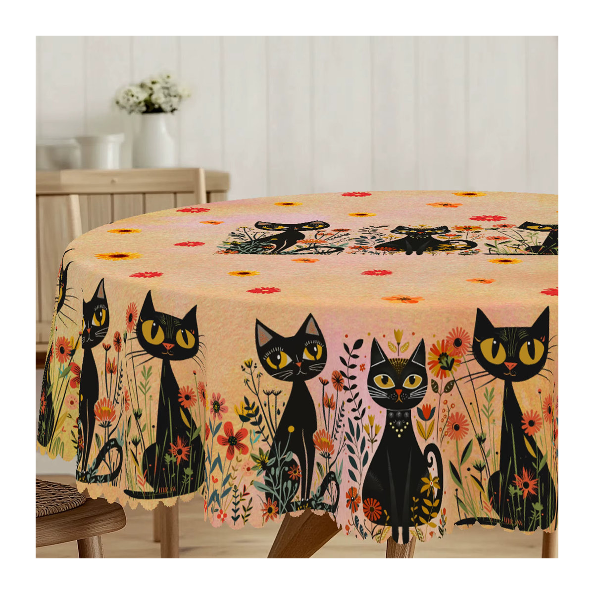 Einteilige Tischdecke aus Polyester mit schwarzem Katzenmuster und 4 passenden Dekorationen in Schwarz und Beige - Bild 3