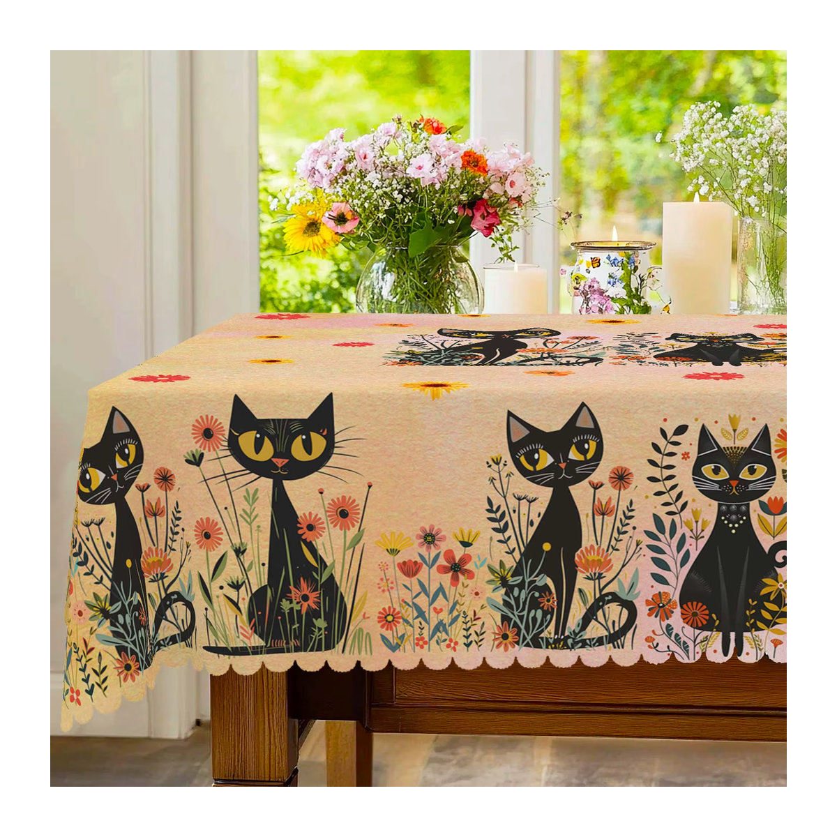 Einteilige Tischdecke aus Polyester mit schwarzem Katzenmuster und 4 passenden Dekorationen in Schwarz und Beige - Bild 4