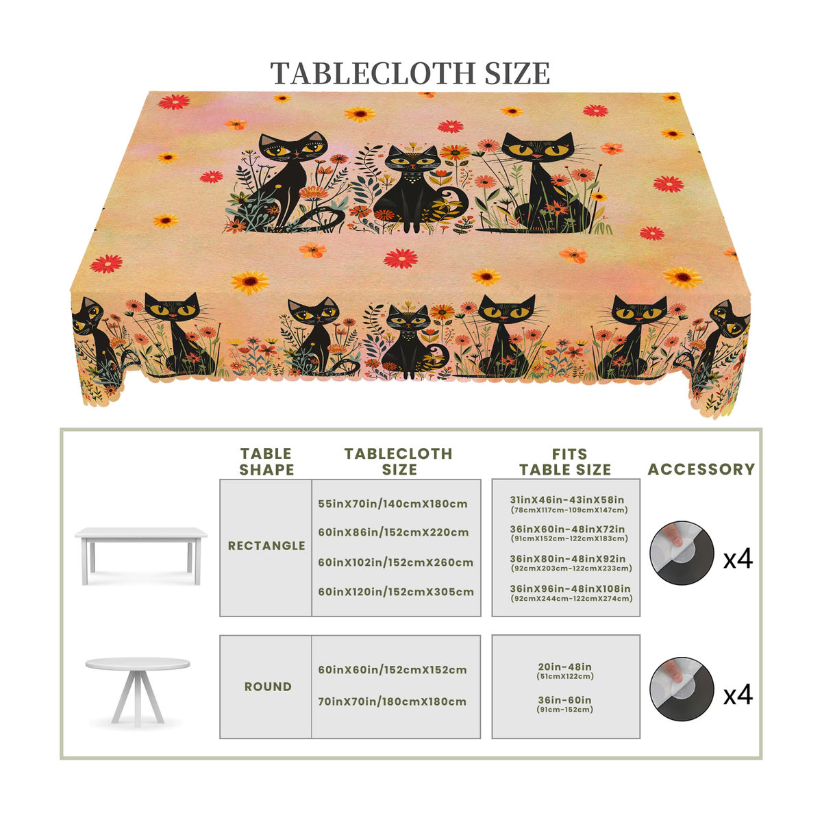 Einteilige Tischdecke aus Polyester mit schwarzem Katzenmuster und 4 passenden Dekorationen in Schwarz und Beige - Bild 5