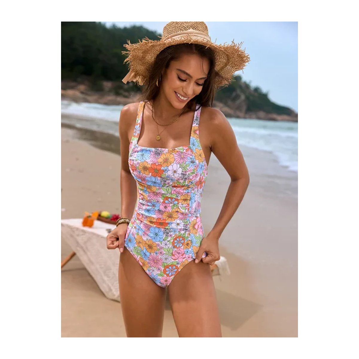 Einteiliger Badeanzug für Damen mit Blumendruck und Bandeau-Trägern in Bunt - Bild 1