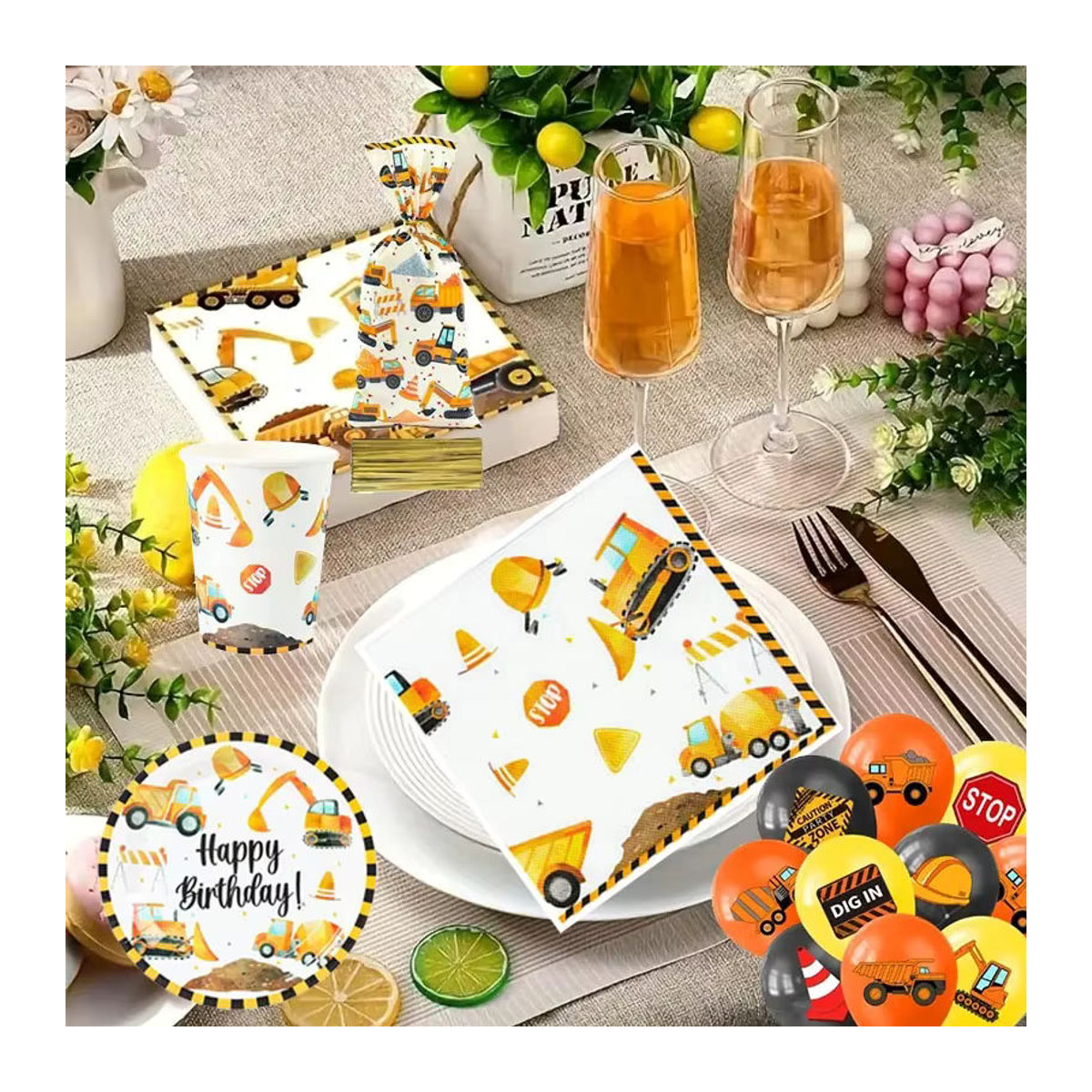 Einweg-Partydeko mit Bagger LKW und Traktor Design für Kindergeburtstage, mehrfarbig aus Papier - Bild 5
