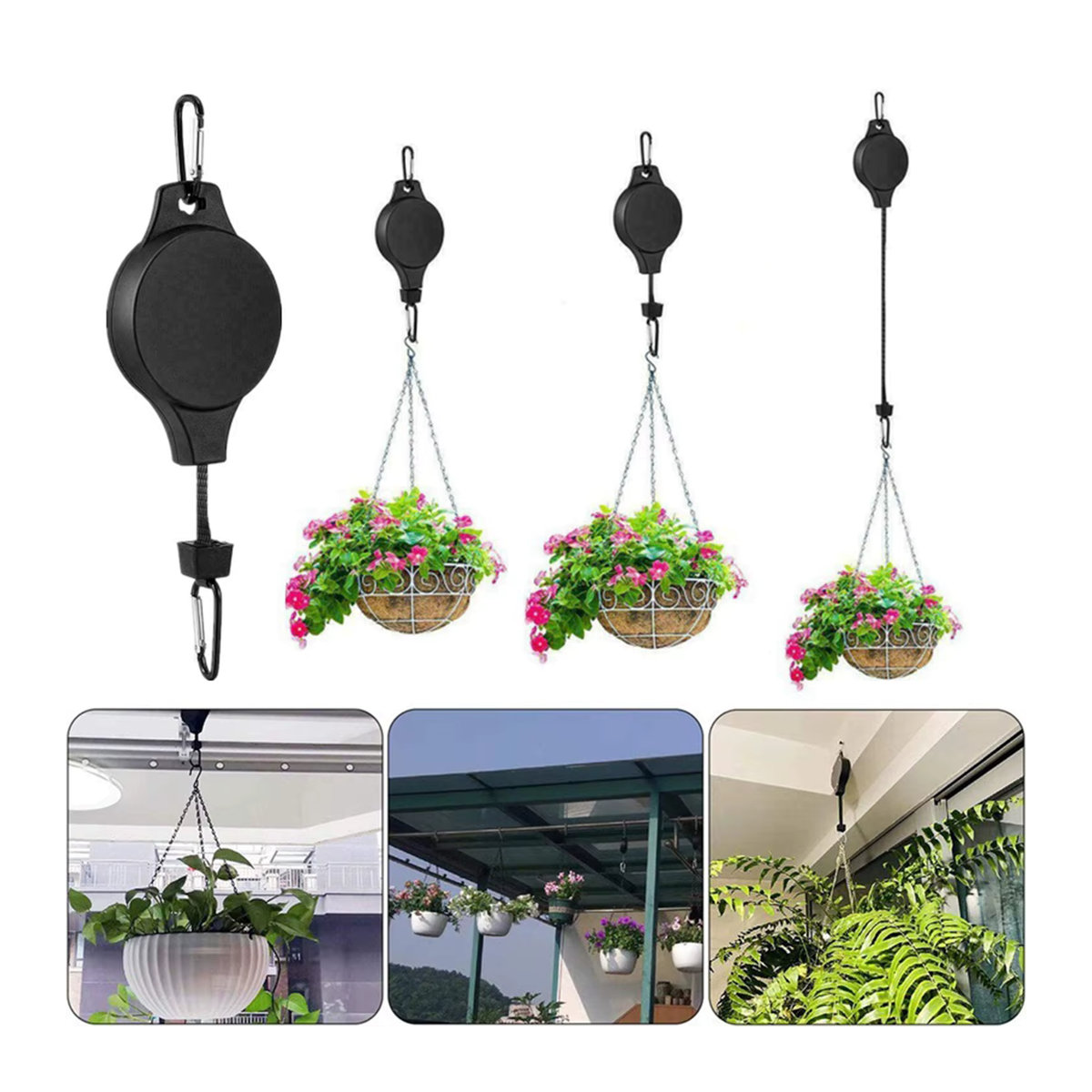 Einziehbarer Pflanzenhaken mit Riemenscheibe für Blumenkörbe, Töpfe und Futterspender - Bild 3