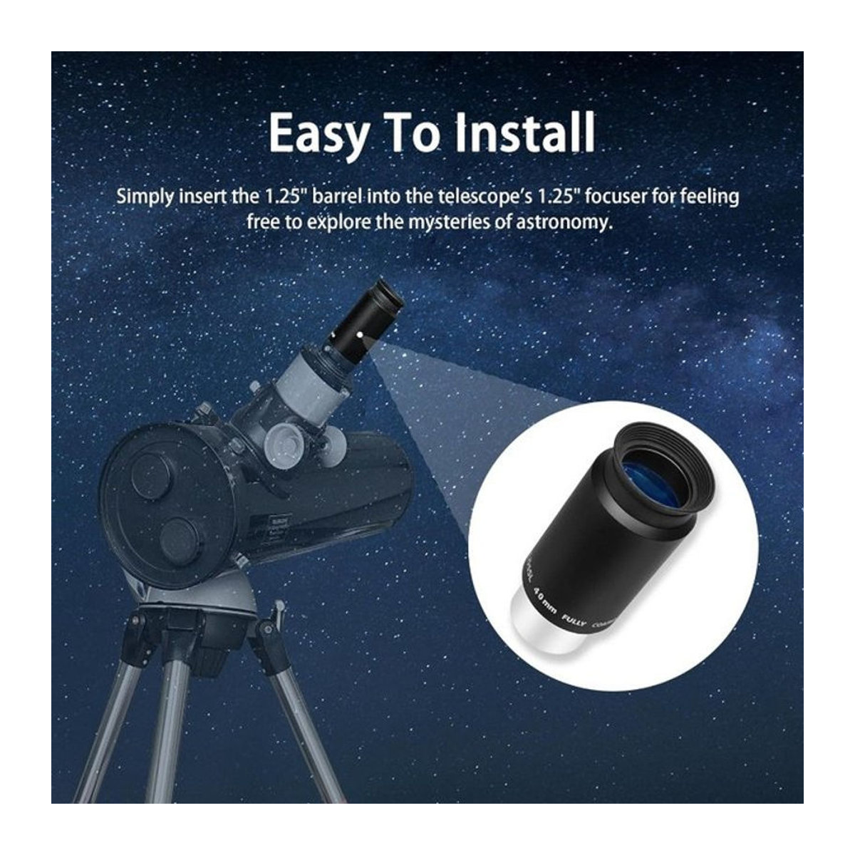 Eisgroub 40 mm Plössl-Teleskopokular 1,25 Zoll in Schwarz mit 4-Elemente-Design und Gewinde für astronomische Filter - Bild 1