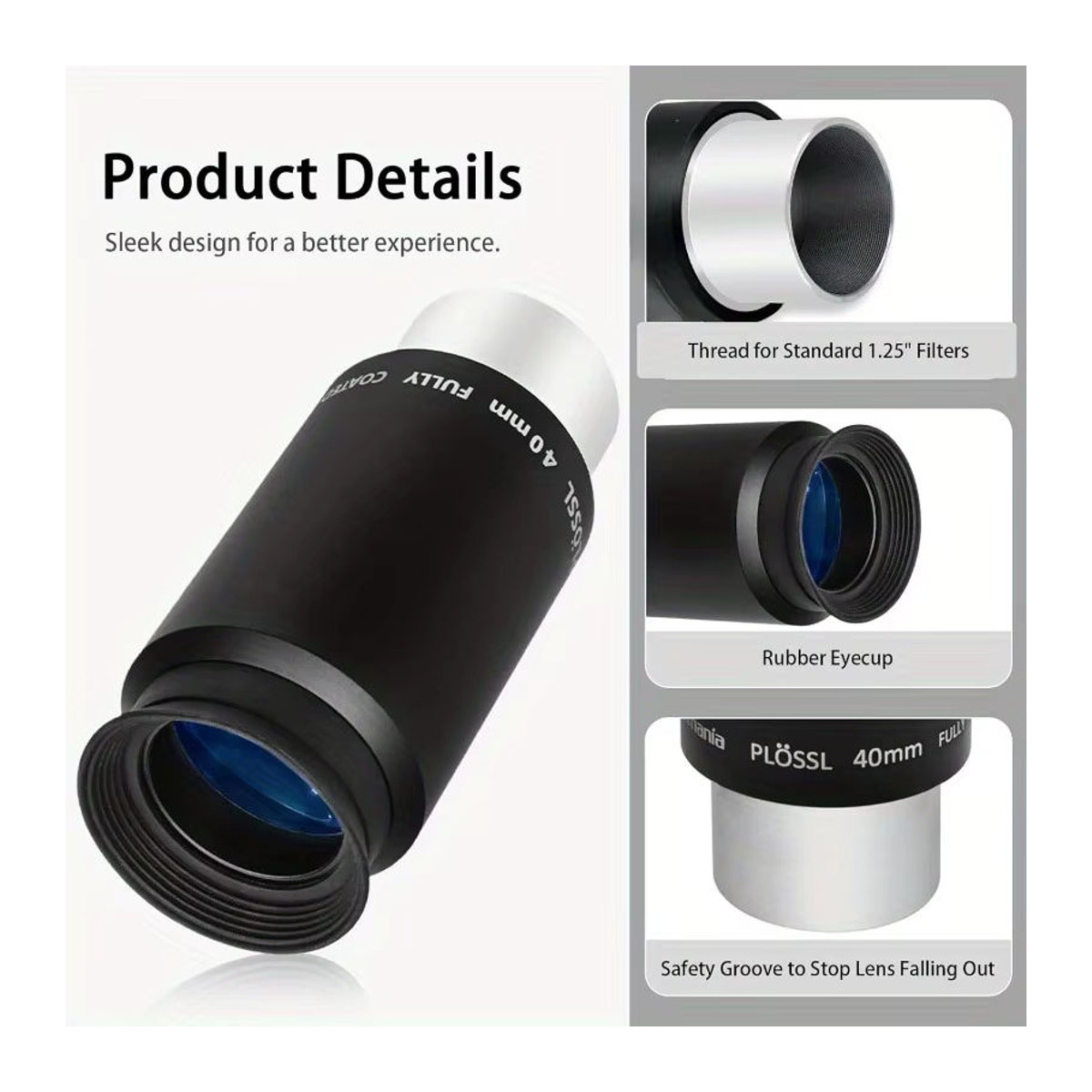 Eisgroub 40 mm Plössl-Teleskopokular 1,25 Zoll in Schwarz mit 4-Elemente-Design und Gewinde für astronomische Filter - Bild 3