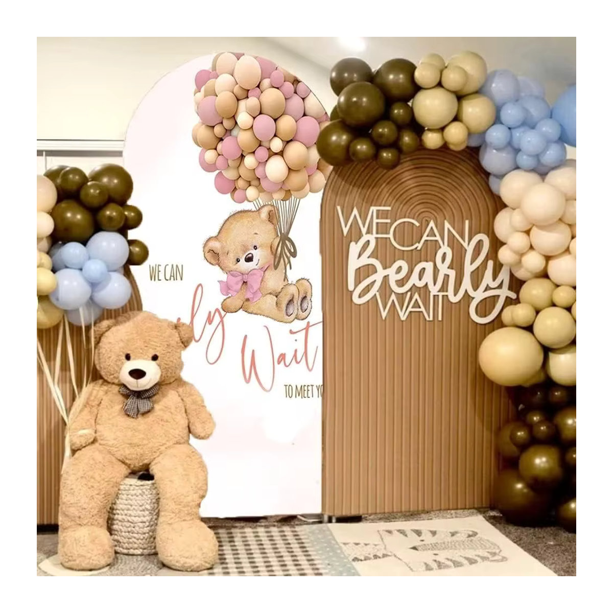 Elastische Fotohintergrund-Abdeckung mit Teddybär-Motiv in Beige für Babyparty und Geburtstag, Bohemian Stil, B/H: 120 x 50 cm - Bild 2