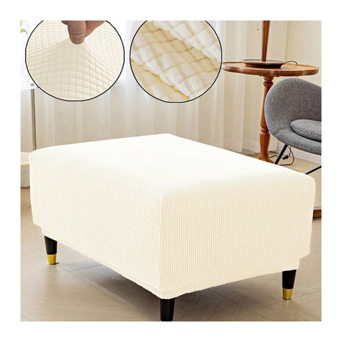 Elastische Hockerabdeckung für quadratische Ottomans und Sofa-Fußstützen in Beige oder Weiß - Bild 1