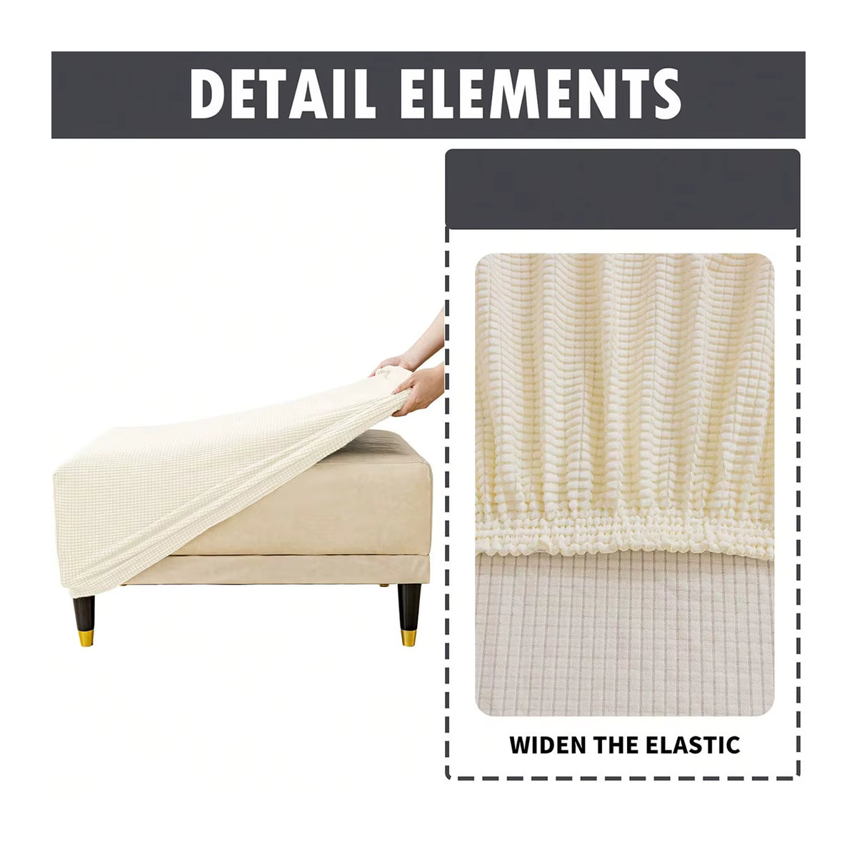 Elastische Hockerabdeckung für quadratische Ottomans und Sofa-Fußstützen in Beige oder Weiß - Bild 3