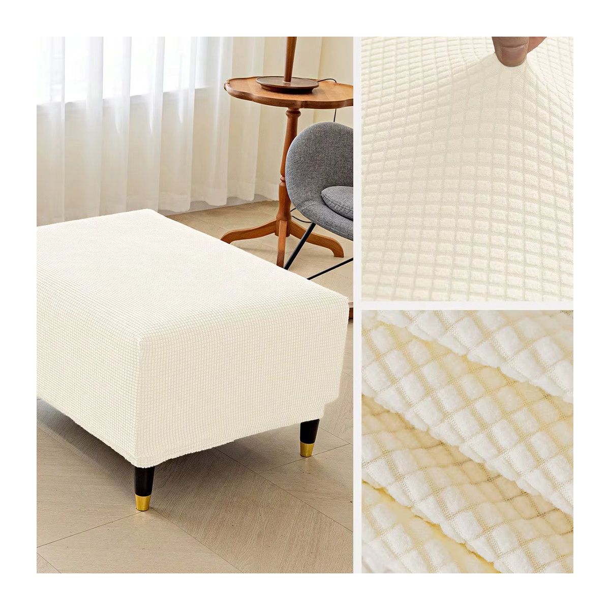 Elastische Hockerabdeckung für quadratische Ottomans und Sofa-Fußstützen in Beige oder Weiß - Bild 4