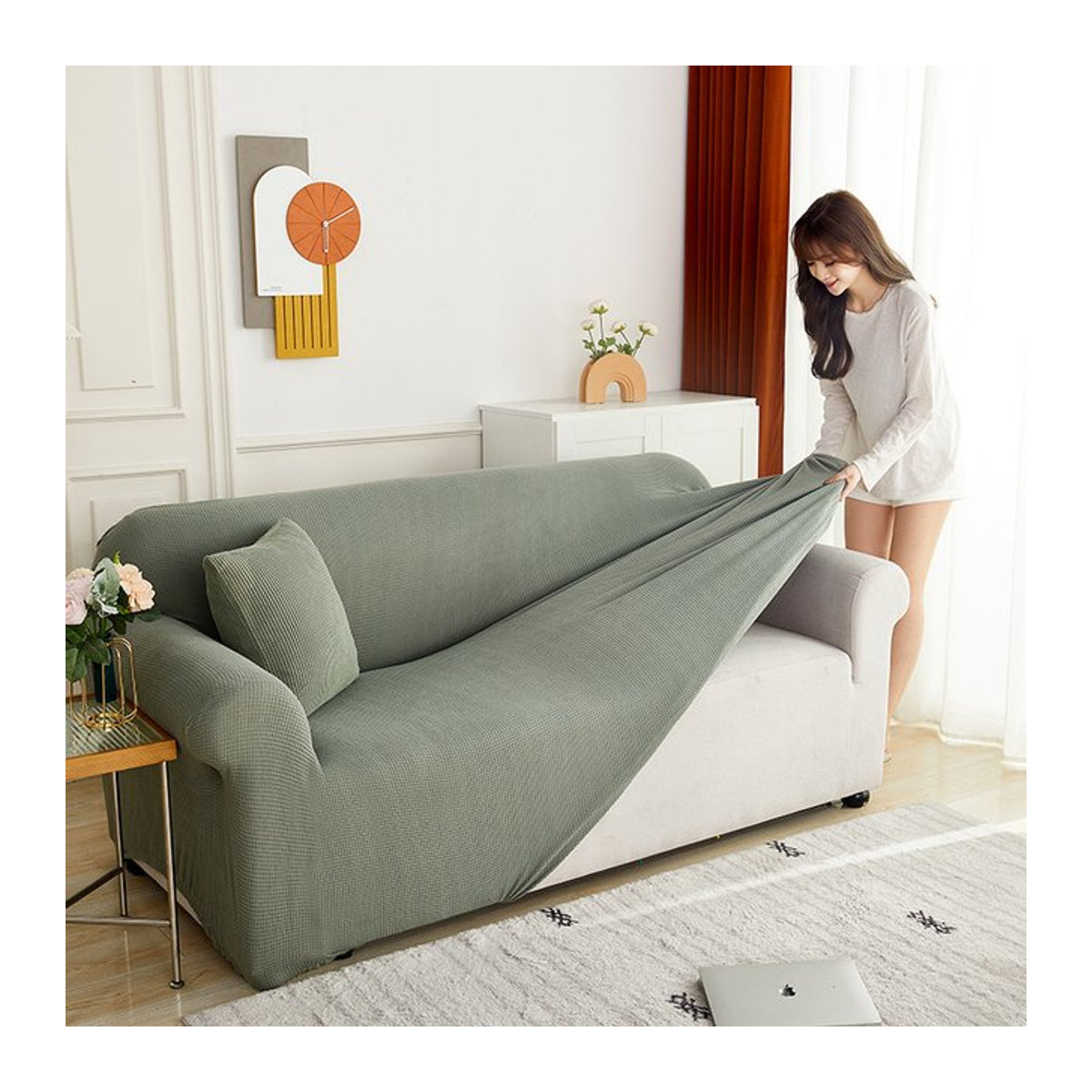 Elastischer Jacquard-Sofabezug für L-förmige Ecksofas in Blau oder Grün für 1 bis 4 Sitzplätze - Bild 1