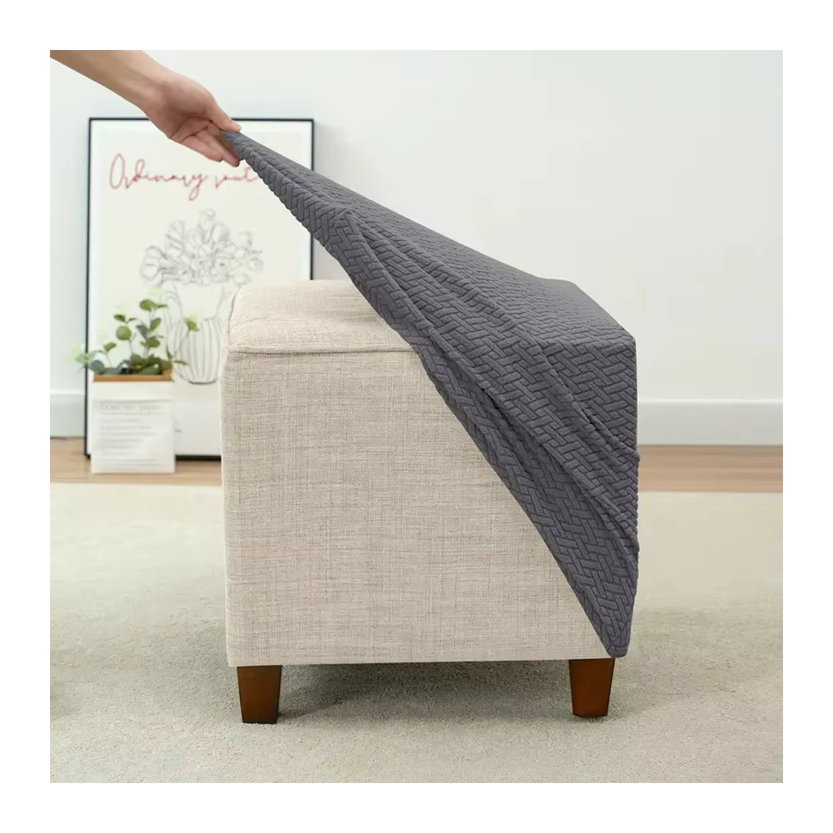 Elastischer Ottoman-Bezug aus Jacquard in Grau für quadratische Hocker und Fußstützen - Bild 5