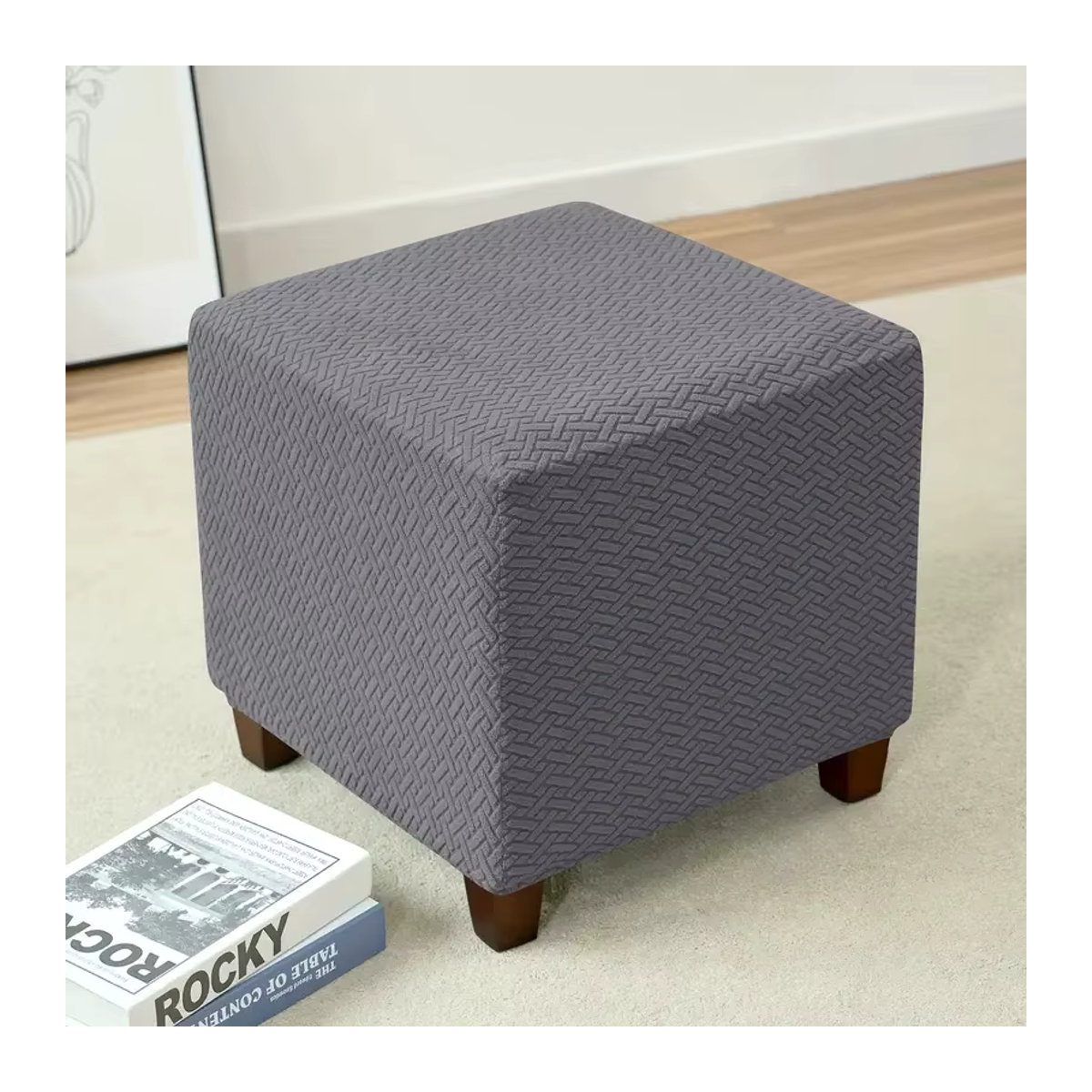 Elastischer Ottoman-Bezug aus Jacquard in Grau für quadratische Hocker und Fußstützen - Bild 6
