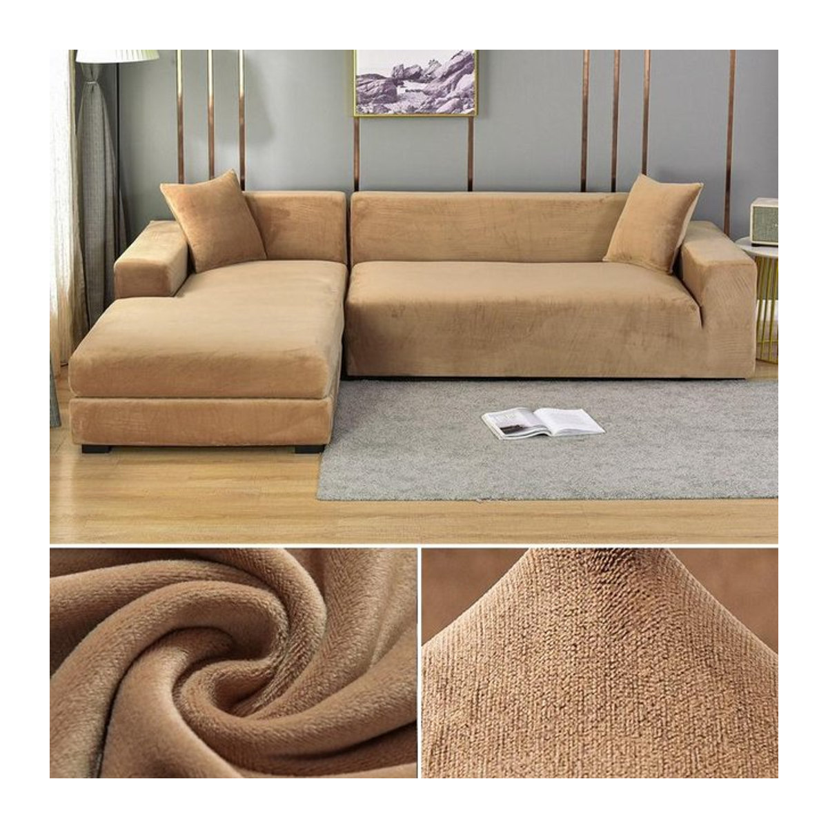 Elastischer Samt-Sofabezug von Your Warm Home für 3-Sitzer, Farbe: Beige, Breite: 190-230 cm - Bild 1