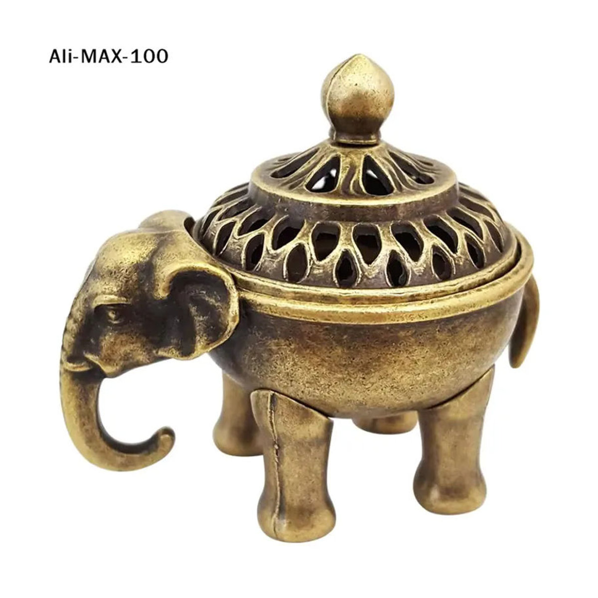 Elefant-Glücksbringer Räuchergefäß aus Metall in Gold mit Lotus-Design und Griff für Yoga und Meditation im antiken Stil - Bild 5