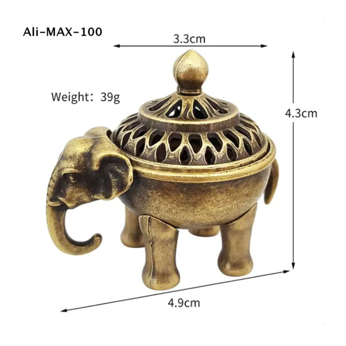 Elefant-Glücksbringer Räuchergefäß aus Metall in Gold mit Lotus-Design und Griff für Yoga und Meditation im antiken Stil - Bild 6