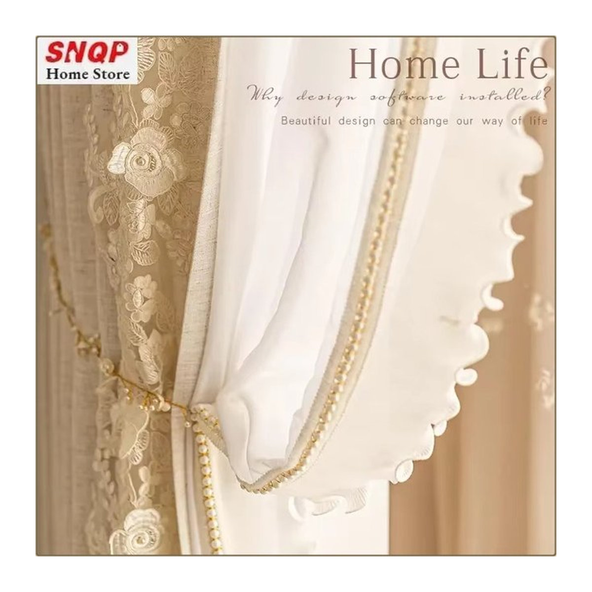 Elegante beige Tüllvorhänge aus bestickter Baumwollleinen mit Spitze für dein Wohnzimmer oder Schlafzimmer - Bild 1