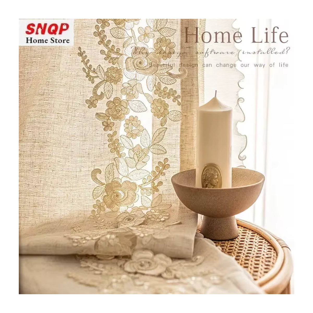 Elegante beige Tüllvorhänge aus bestickter Baumwollleinen mit Spitze für dein Wohnzimmer oder Schlafzimmer - Bild 2