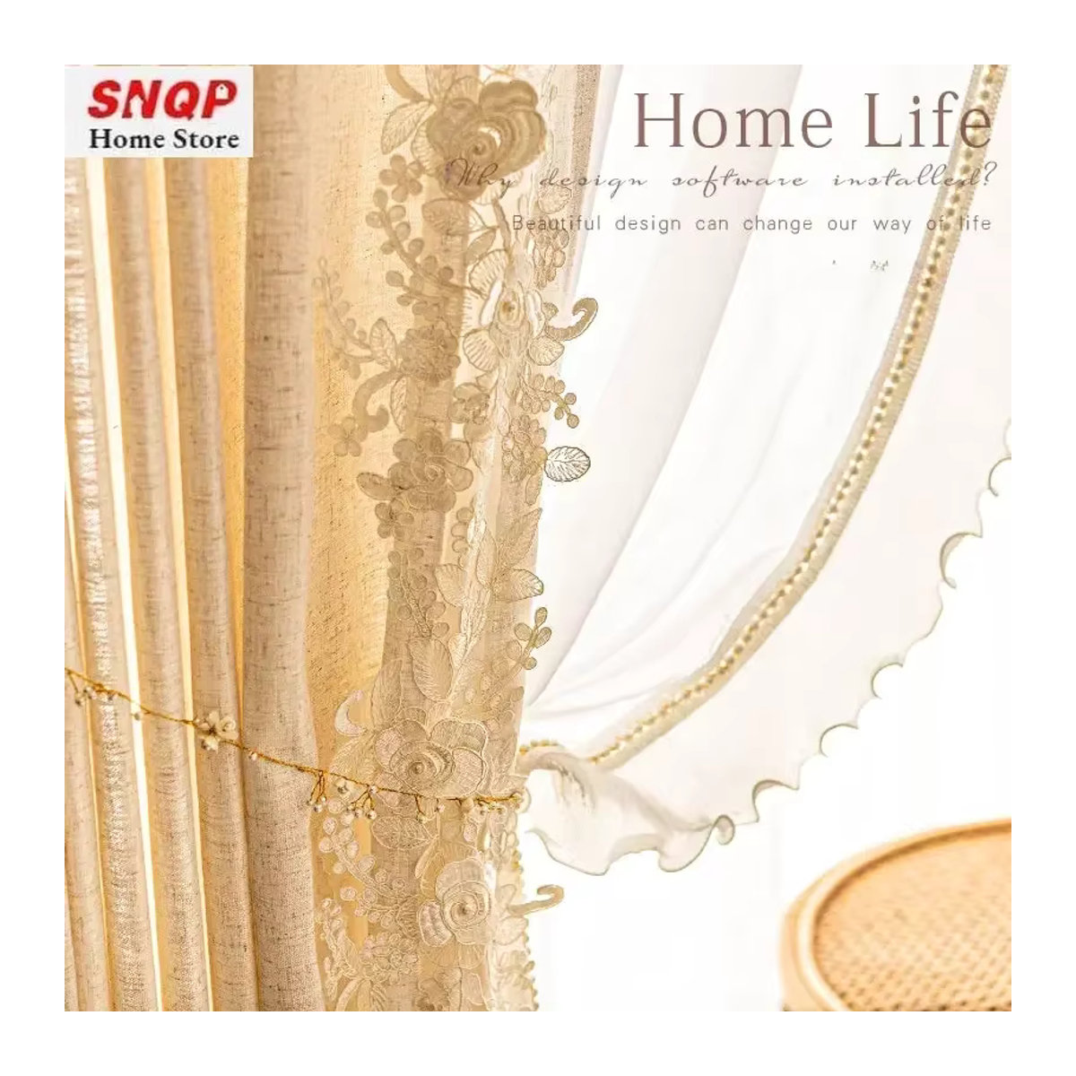 Elegante beige Tüllvorhänge aus bestickter Baumwollleinen mit Spitze für dein Wohnzimmer oder Schlafzimmer - Bild 3