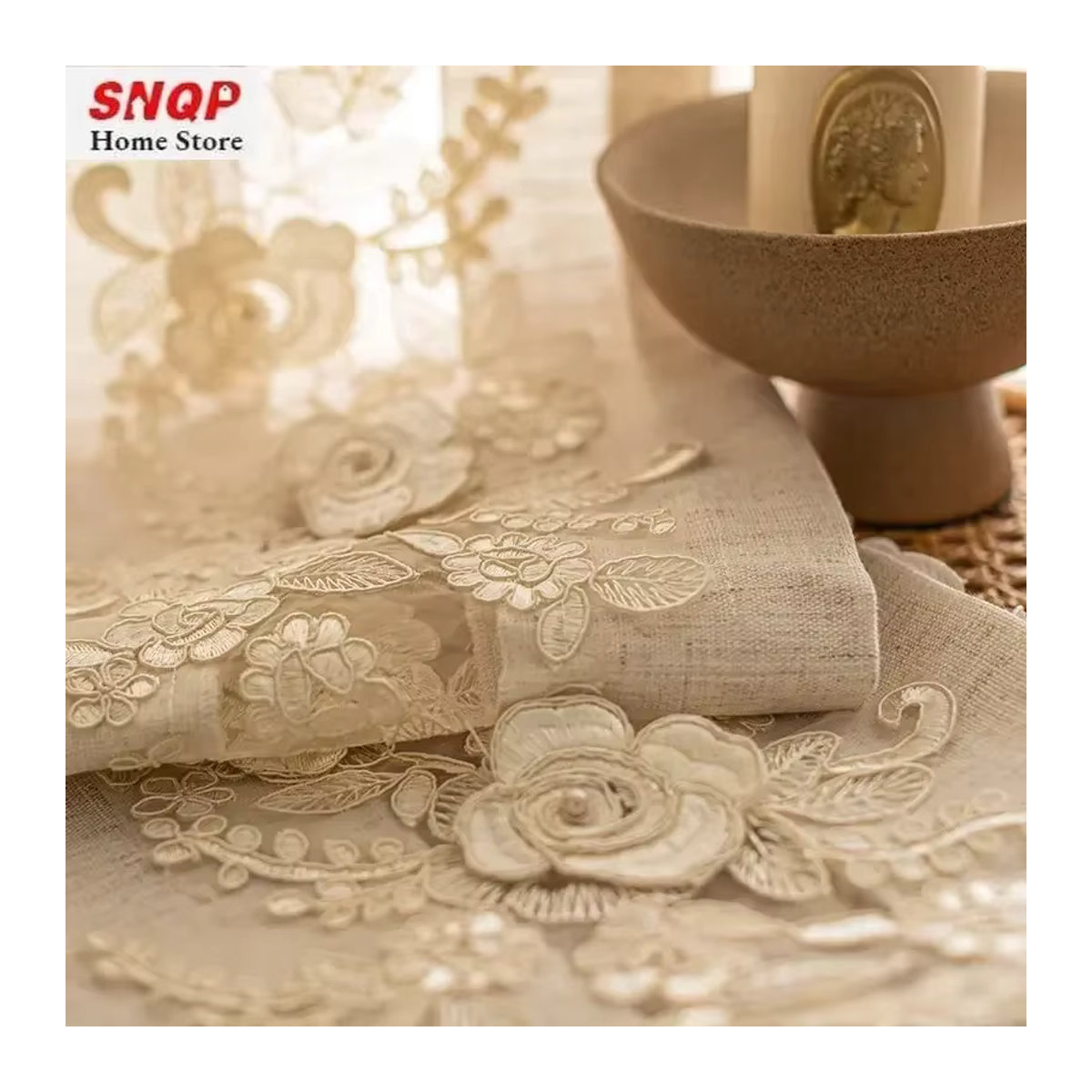 Elegante beige Tüllvorhänge aus bestickter Baumwollleinen mit Spitze für dein Wohnzimmer oder Schlafzimmer - Bild 4