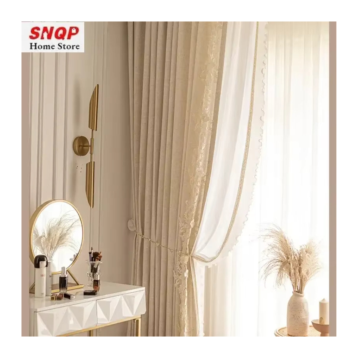 Elegante beige Tüllvorhänge aus bestickter Baumwollleinen mit Spitze für dein Wohnzimmer oder Schlafzimmer - Bild 5