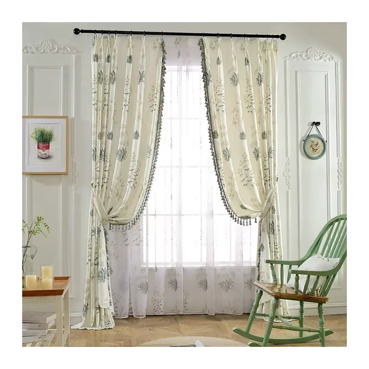 Elegante Druckvorhänge aus Baumwollleinen in Weiß mit Spitze für Wohnzimmer, Schlafzimmer und Esszimmer - Bild 2