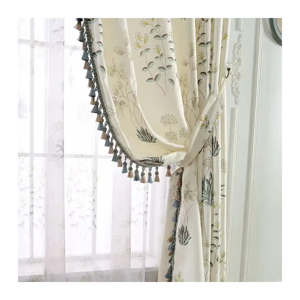 Elegante Druckvorhänge aus Baumwollleinen in Weiß mit Spitze für Wohnzimmer, Schlafzimmer und Esszimmer - Bild 4