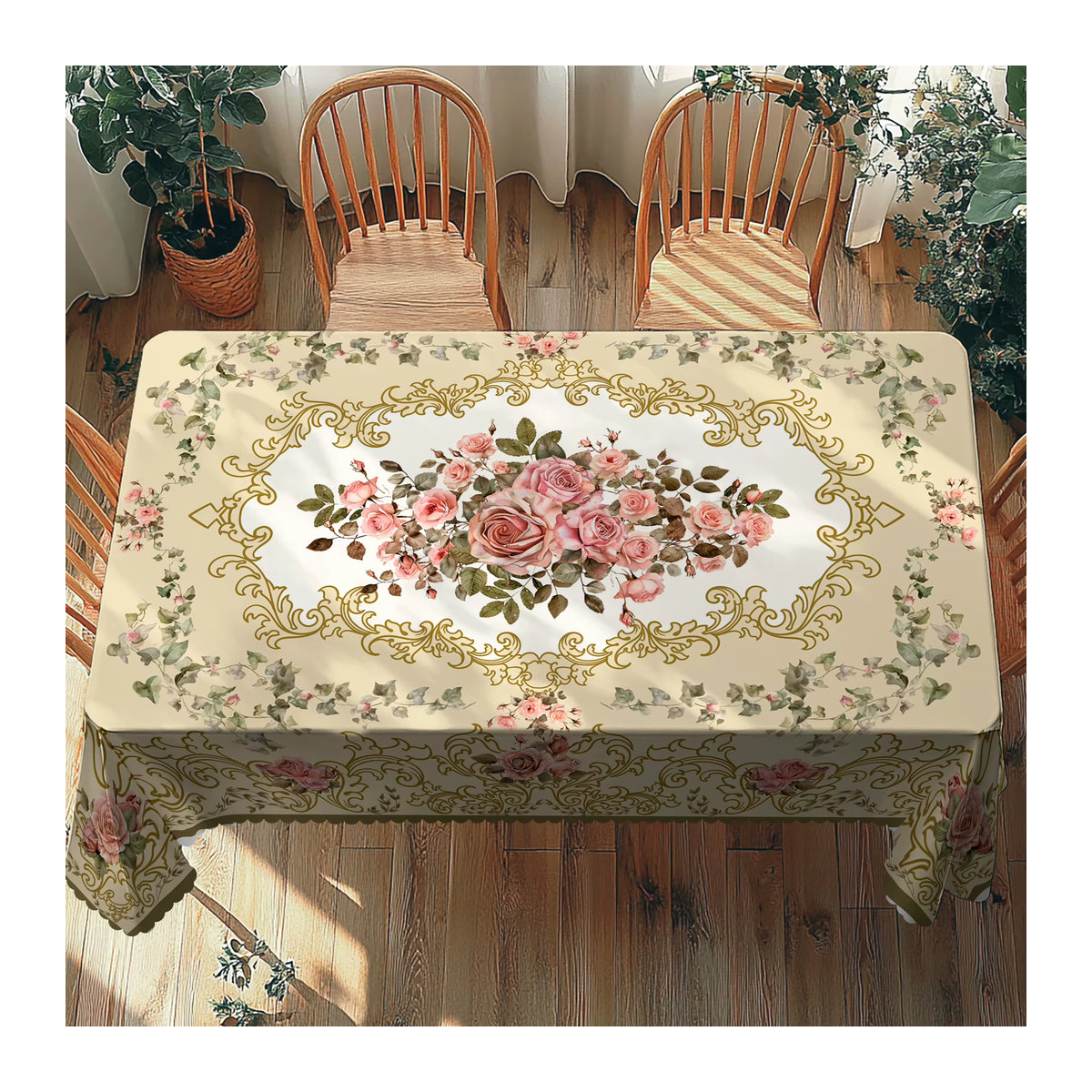 Elegante Vintage-Tischdecke mit rosa Rosen und 4 selbstklebenden Pads in Rosa und Beige, Retro-Luxustextur aus Polyester mit 3D-Druck und geprägtem Rand - Bild 1