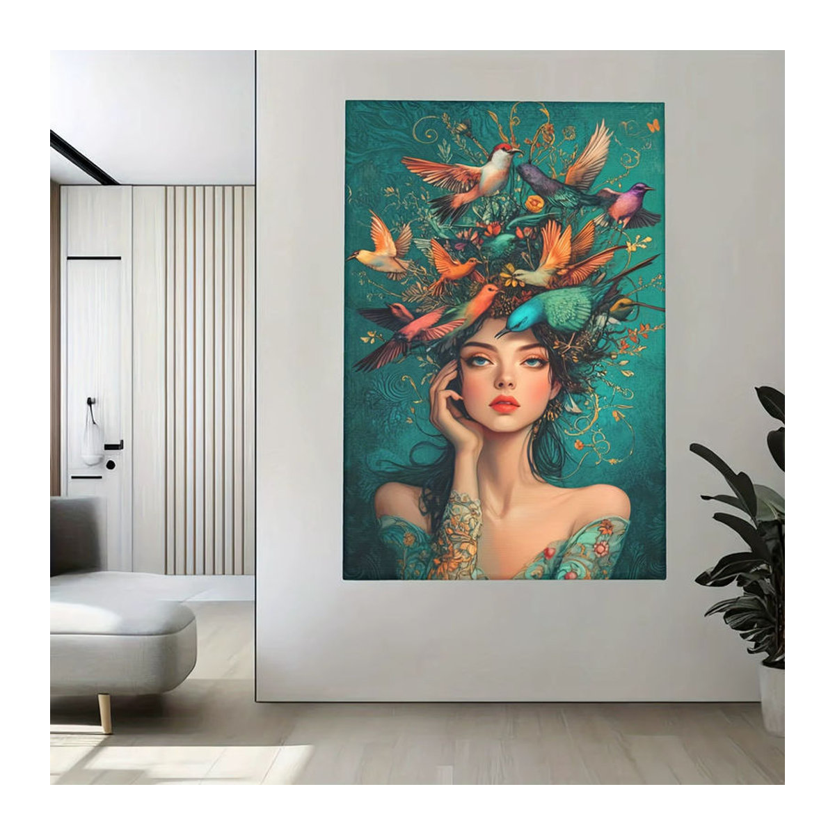 Elegantes Porträt einer Frau mit Blumen und Vögeln als mehrfarbige Leinwandmalerei im Hochformat für deine Wanddekoration - Bild 1