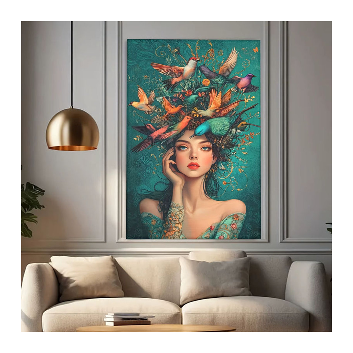 Elegantes Porträt einer Frau mit Blumen und Vögeln als mehrfarbige Leinwandmalerei im Hochformat für deine Wanddekoration - Bild 2