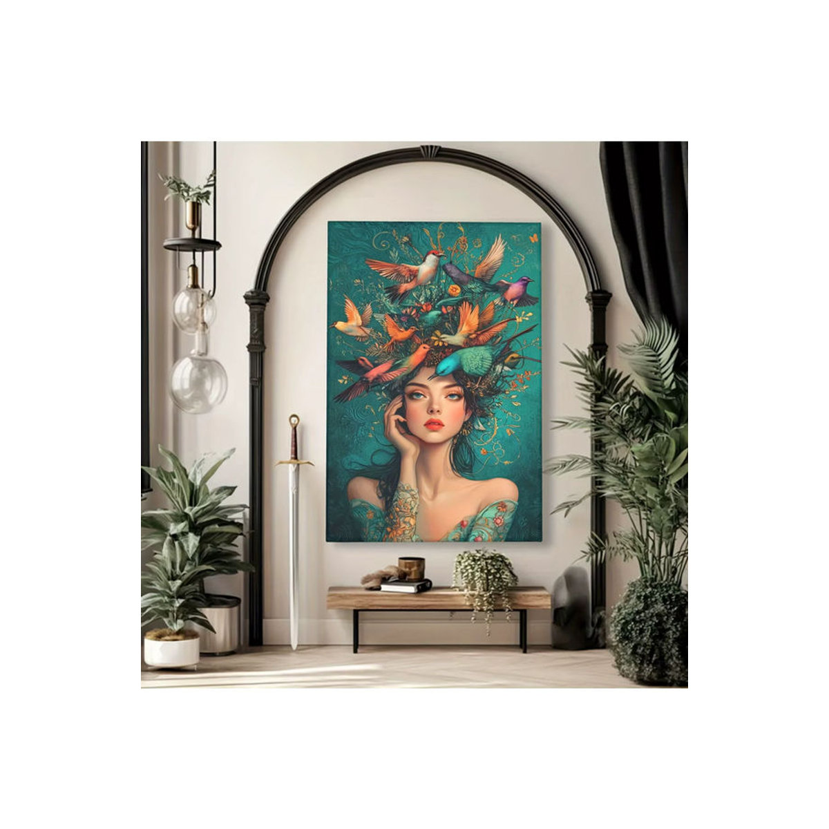 Elegantes Porträt einer Frau mit Blumen und Vögeln als mehrfarbige Leinwandmalerei im Hochformat für deine Wanddekoration - Bild 3