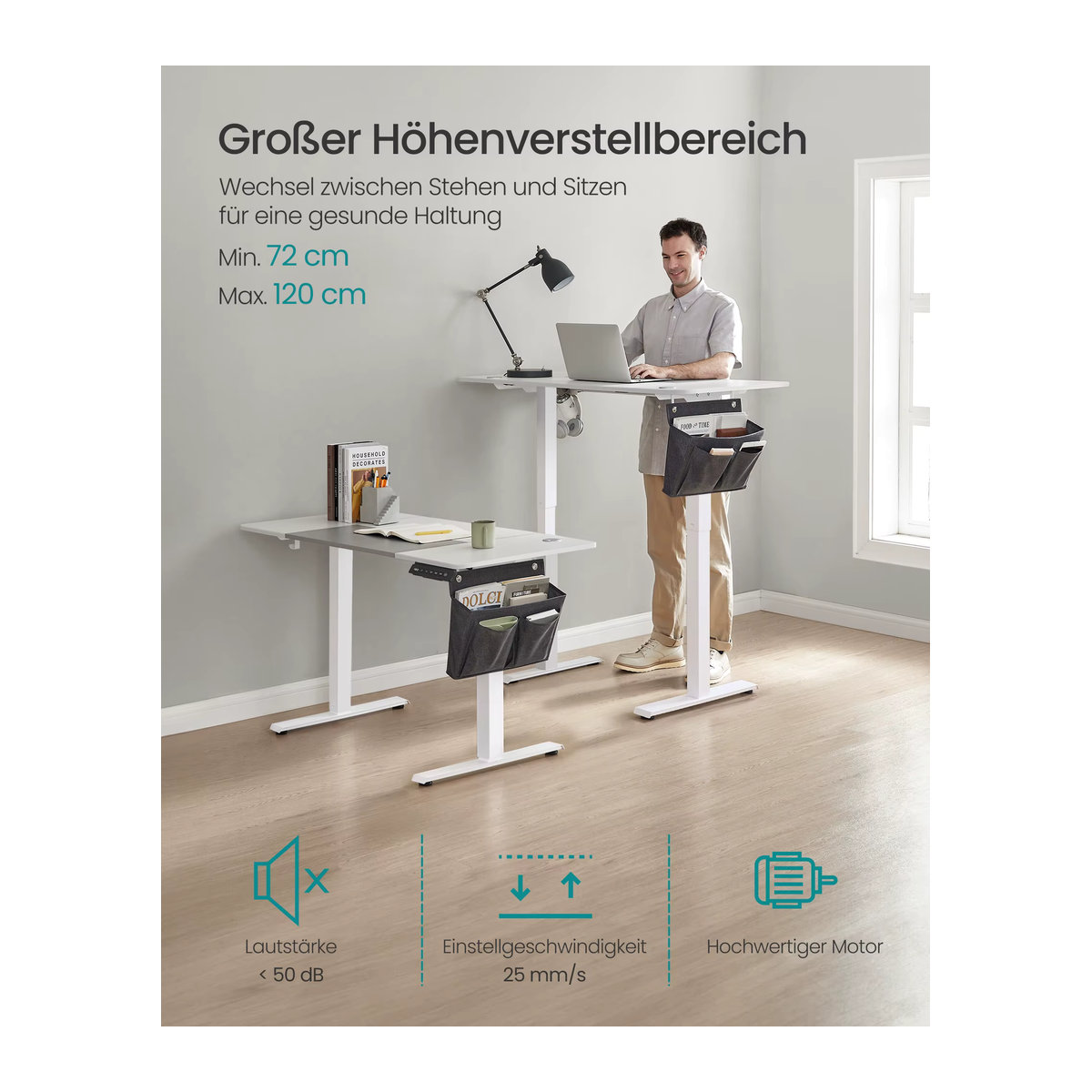 Elektrisch höhenverstellbarer Schreibtisch von SONGMICS in Weiß oder Grau mit gespleißter Platte, B/T/H: 120 x 60 x 72-120 cm - Bild 2