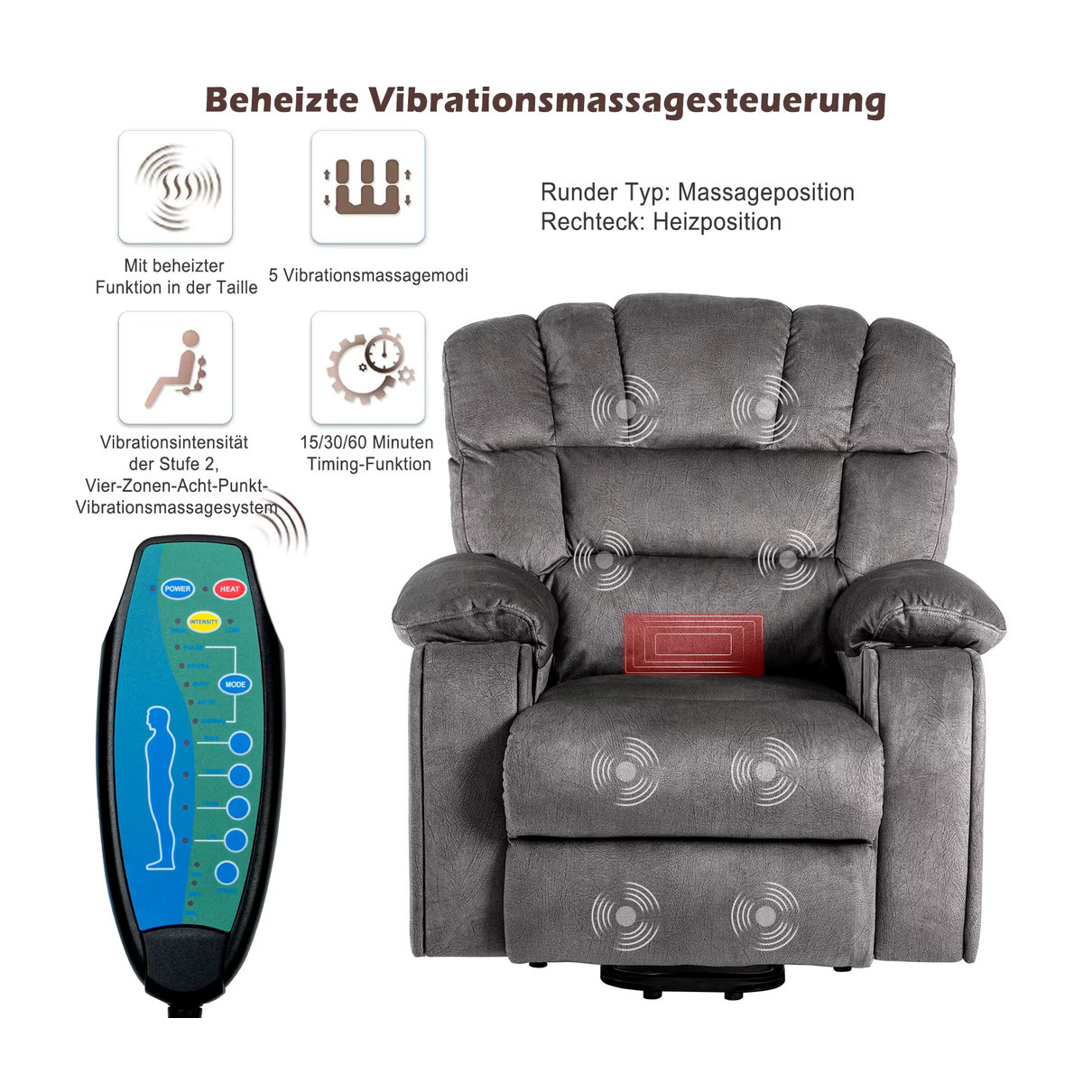 Elektrisch verstellbarer Massage-Relaxsessel aus Stoff in Grau mit 2 Tassenhaltern für Senioren - Bild 2