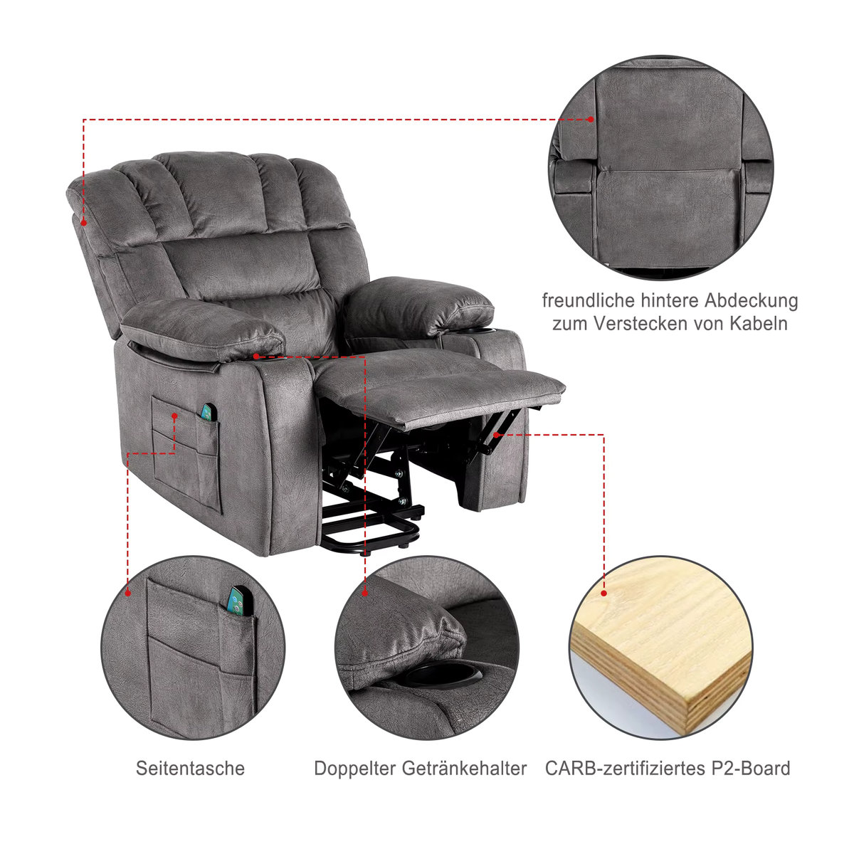 Elektrisch verstellbarer Massage-Relaxsessel aus Stoff in Grau mit 2 Tassenhaltern für Senioren - Bild 4
