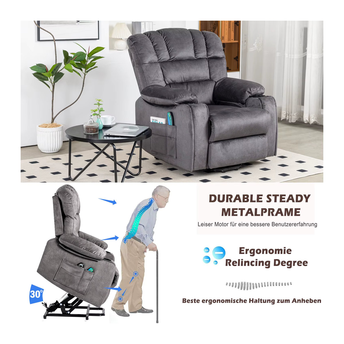 Elektrisch verstellbarer Massage-Relaxsessel aus Stoff in Grau mit 2 Tassenhaltern für Senioren - Bild 5