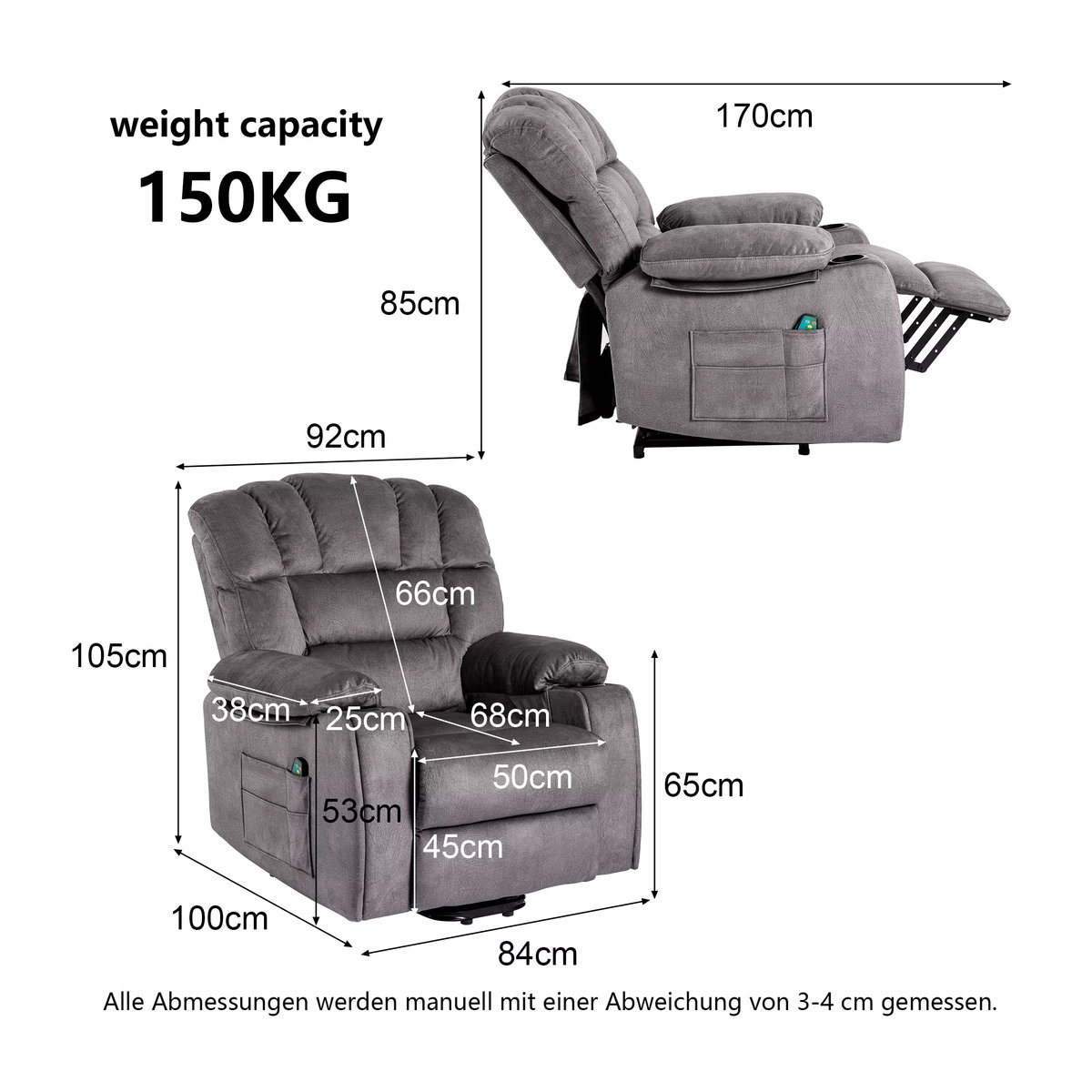 Elektrisch verstellbarer Massage-Relaxsessel aus Stoff in Grau mit 2 Tassenhaltern für Senioren - Bild 6