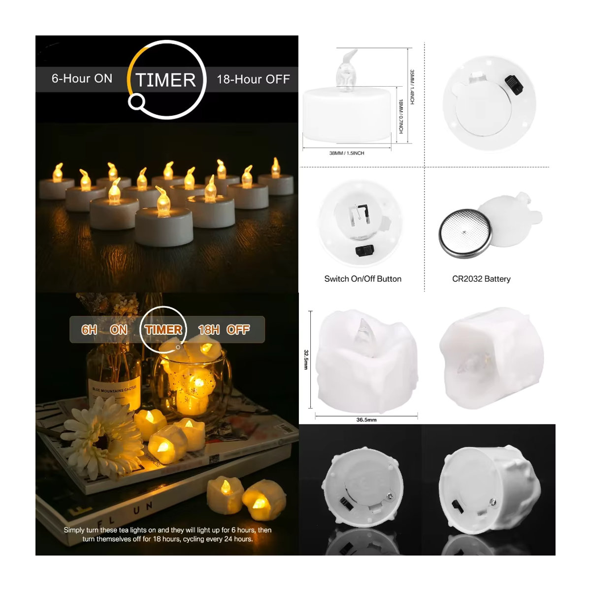 Elektrische LED Teelichter mit Flackereffekt und Timer in Weiß für Dekorationen zu Weihnachten, Halloween oder Hochzeiten - Bild 2