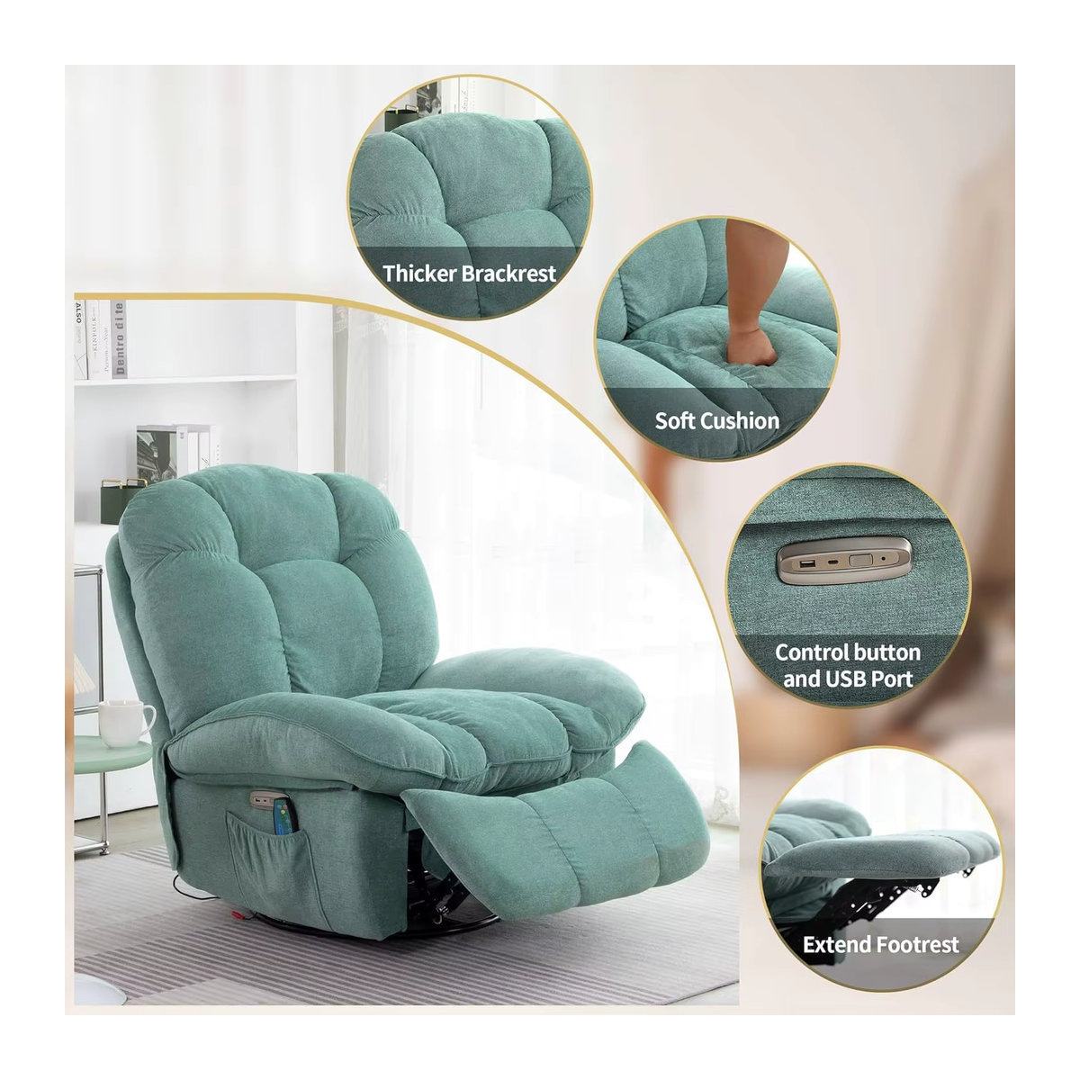 Elektrischer Relaxsessel mit Massage- und Heizfunktion in Grün aus Stoff mit USB-A- und USB-C-Ladeanschluss - Bild 6