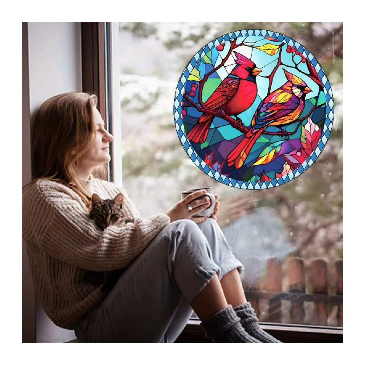 Elektrostatische Fensteraufkleber mit Frühlingsmotiv und Vögeln, mehrfarbig, florale Dekoration für Glasflächen und Glastüren - Bild 2