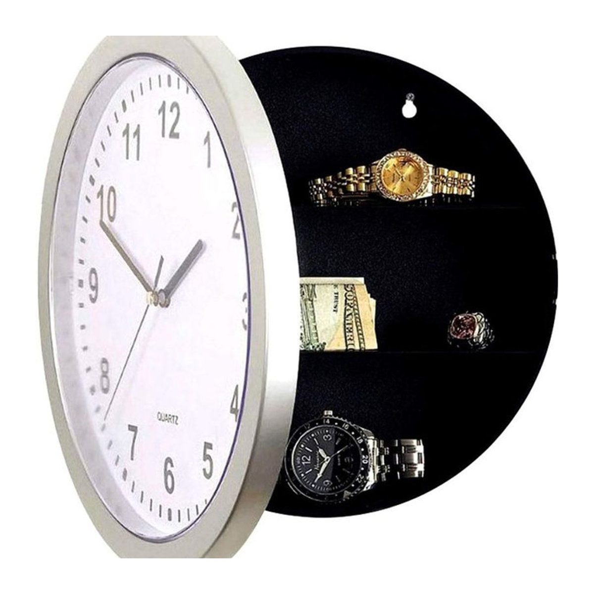 ELESABOX Wanduhr mit verstecktem Fach aus Metall in Schwarz und Silber, runde analoge Dekoration mit Safe-Funktion für Wertsachen - Bild 1