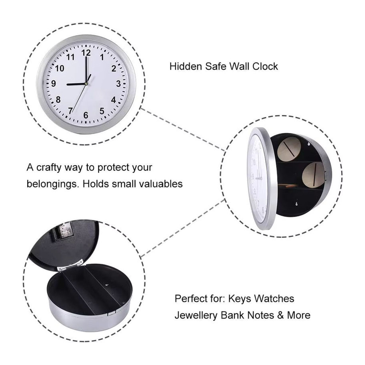 ELESABOX Wanduhr mit verstecktem Fach aus Metall in Schwarz und Silber, runde analoge Dekoration mit Safe-Funktion für Wertsachen - Bild 5