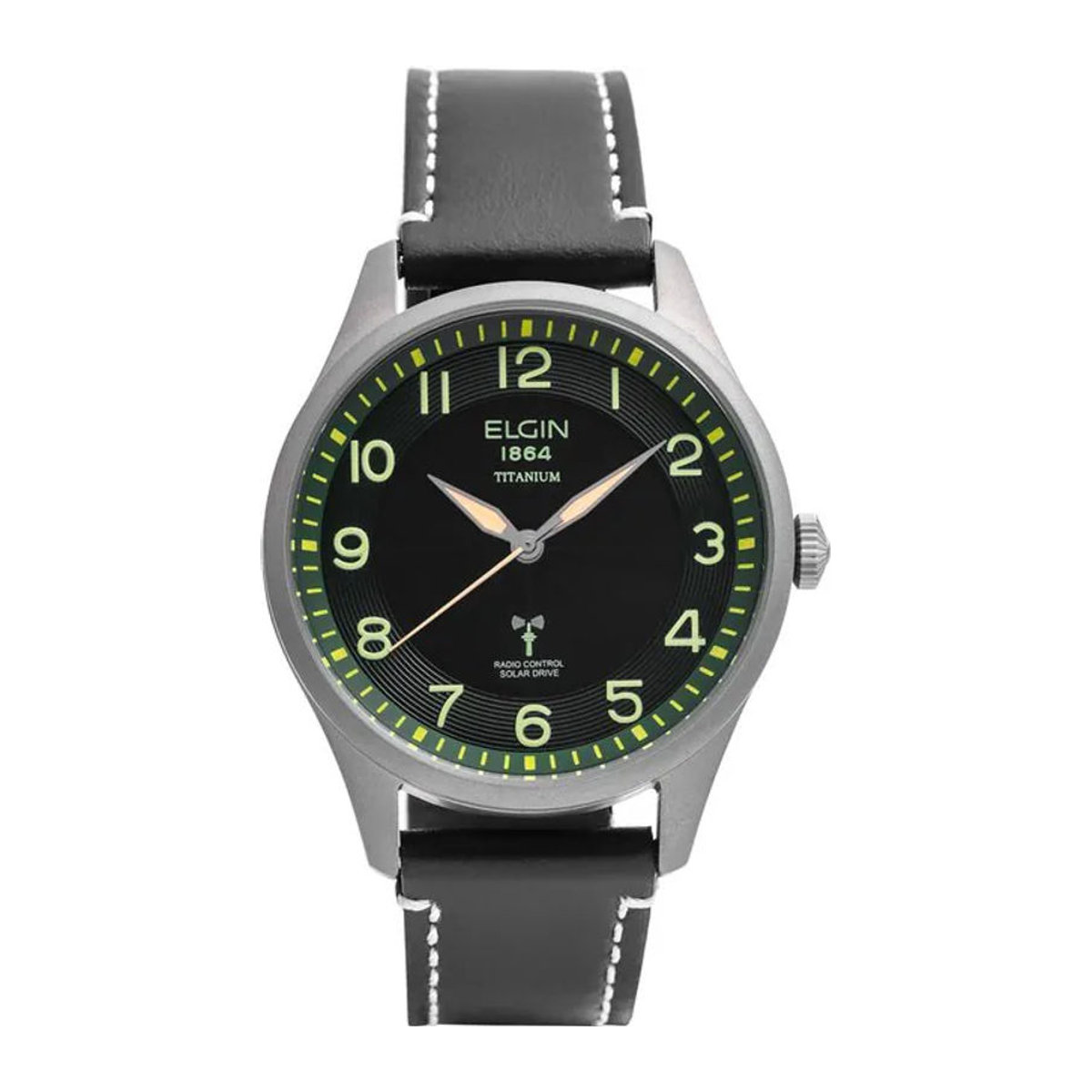 ELGIN Titanium Zonnewerk Radio-gestuurde Herren- und Damenuhr FK1431TI-GRP mit schwarzem Lederarmband und rundem Gehäuse - Bild 1